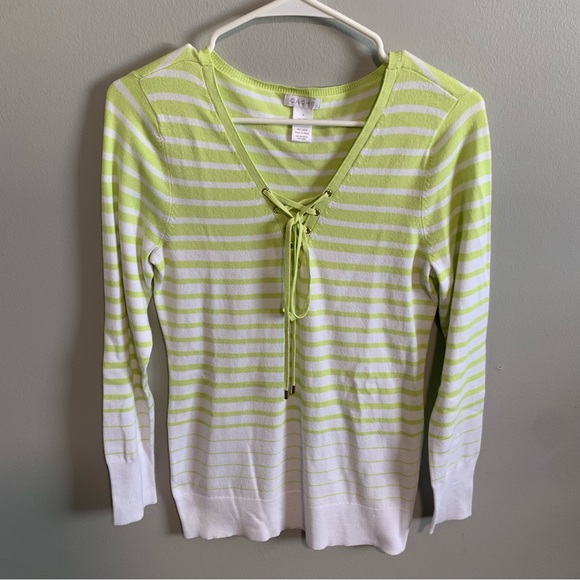 Caché Green & White Stripe V Neck Long Sleeve Top-Md - Picture 1 of 6
